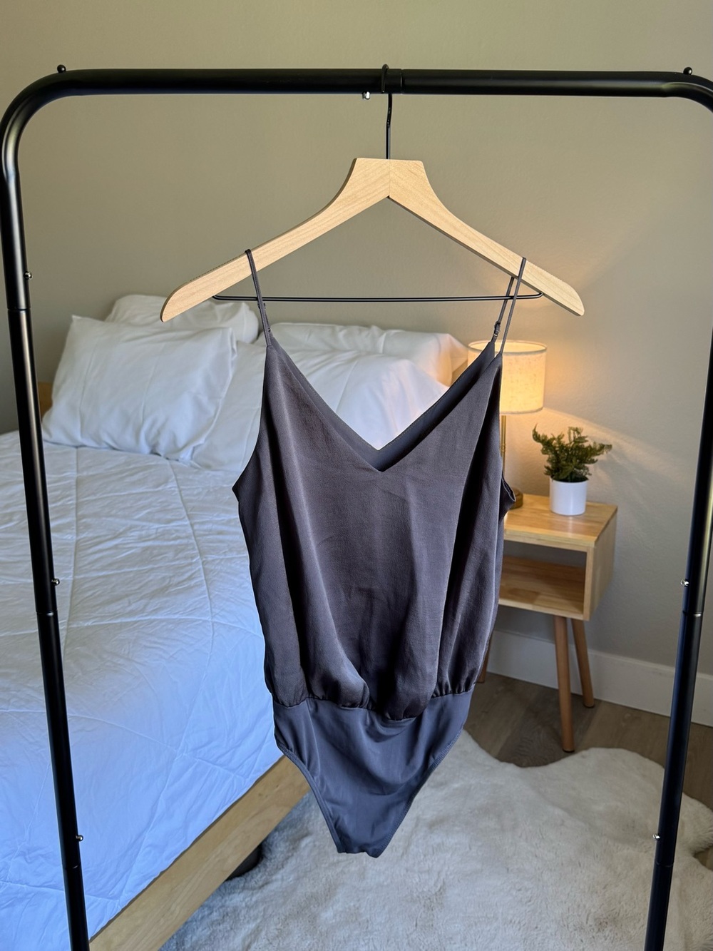 Express Charcoal Grey Satin V-Neck Bodysuit